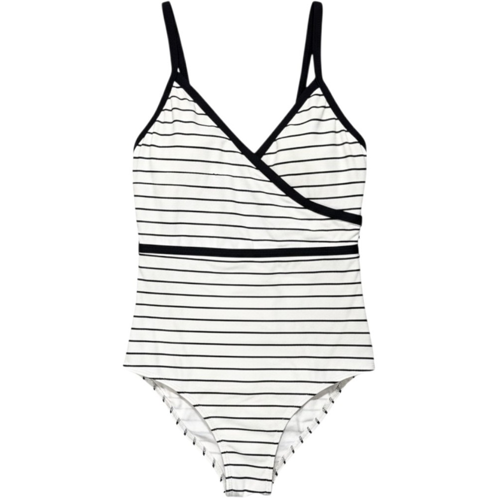 SKYE Womens Black White Striped Wrap V-Neck One Piece Swimsuit Large SK752165